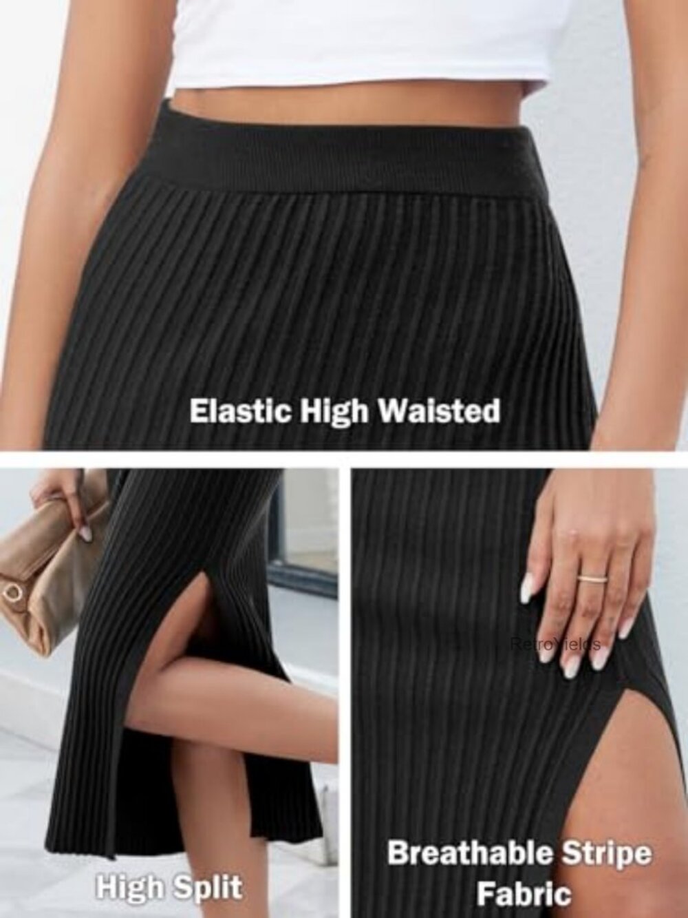 Women's Bodycon Knitted Pencil Skirt High Waisted Midi Split Elastic Waist - Picture 5 of 6